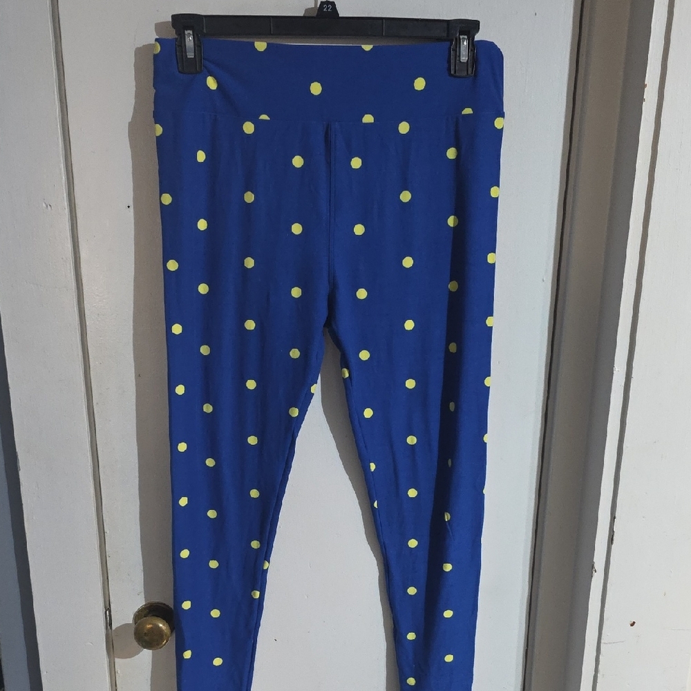 LuLaRoe Blue Leggings with Yellow Polka Dots
